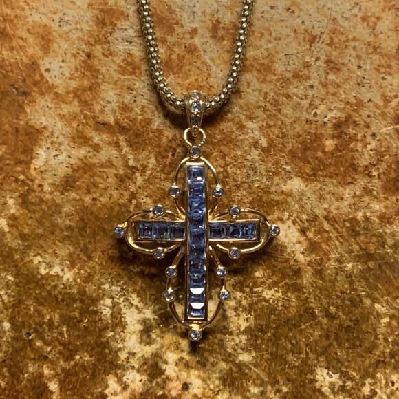 Camrose & Kross JBK Gold and Blue Cross Necklace 18 Inches - Picture 2 of 12